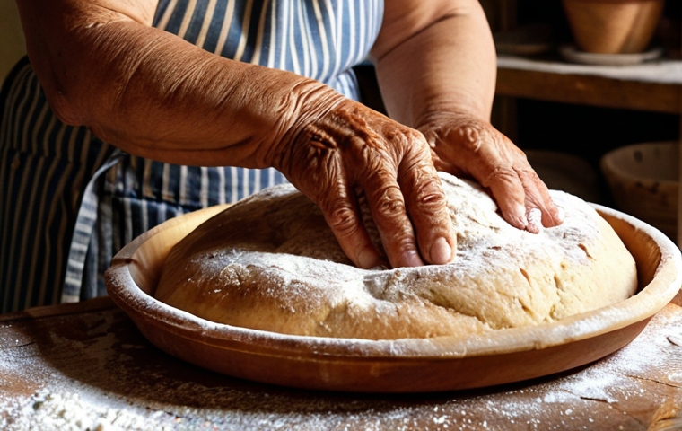 An authentic, close-up shot of a seasoned, warm-faced Portuguese baker, possibly an elder, meticulously kneading dough by hand in a rustic, sun-drenched artisan bakery in the Graça neighborhood of Lisbon. The scene emphasizes traditional craftsmanship, heritage, and the genuine passion behind a multi-generational family recipe. Soft, golden light highlights the textures of flour and wood, evoking a sense of truth and vulnerability, the "soul revealed" of a business that built its story on overcoming challenges.