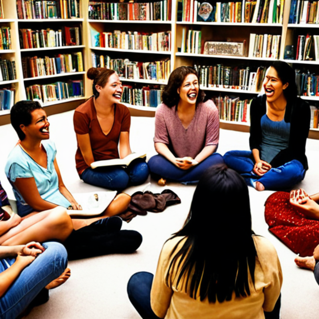 **A diverse group of people from around the world sitting in a circle, sharing stories and laughing. The setting is a cozy library with books representing different cultures.** (Focus: Unity, intercultural dialogue, global storytelling)