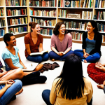 **A diverse group of people from around the world sitting in a circle, sharing stories and laughing. The setting is a cozy library with books representing different cultures.** (Focus: Unity, intercultural dialogue, global storytelling)