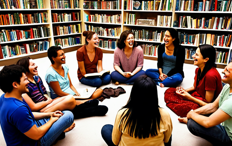 **A diverse group of people from around the world sitting in a circle, sharing stories and laughing. The setting is a cozy library with books representing different cultures.** (Focus: Unity, intercultural dialogue, global storytelling)