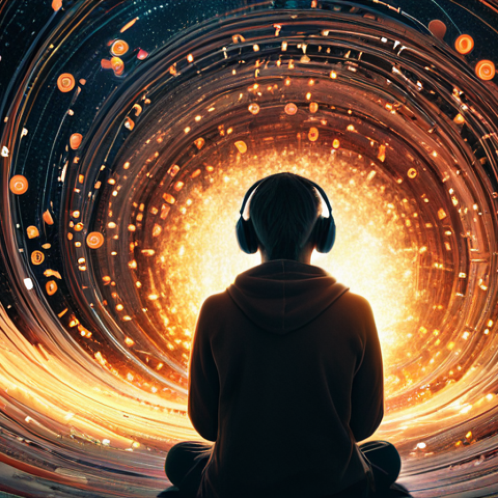 **Prompt:** A person sits in a dynamic, swirling digital environment filled with a chaotic "tsunami" of data, notifications, and abstract information symbols, representing information overload. Amidst this visual cacophony, a single, warm, glowing narrative stream or a distinct, emotionally resonant image emerges from a screen or book, captivating the person's full attention. The scene emphasizes how authentic storytelling cuts through the digital noise to create a profound human connection.