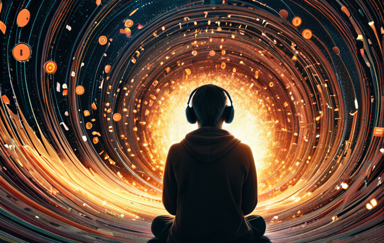 **Prompt:** A person sits in a dynamic, swirling digital environment filled with a chaotic "tsunami" of data, notifications, and abstract information symbols, representing information overload. Amidst this visual cacophony, a single, warm, glowing narrative stream or a distinct, emotionally resonant image emerges from a screen or book, captivating the person's full attention. The scene emphasizes how authentic storytelling cuts through the digital noise to create a profound human connection.