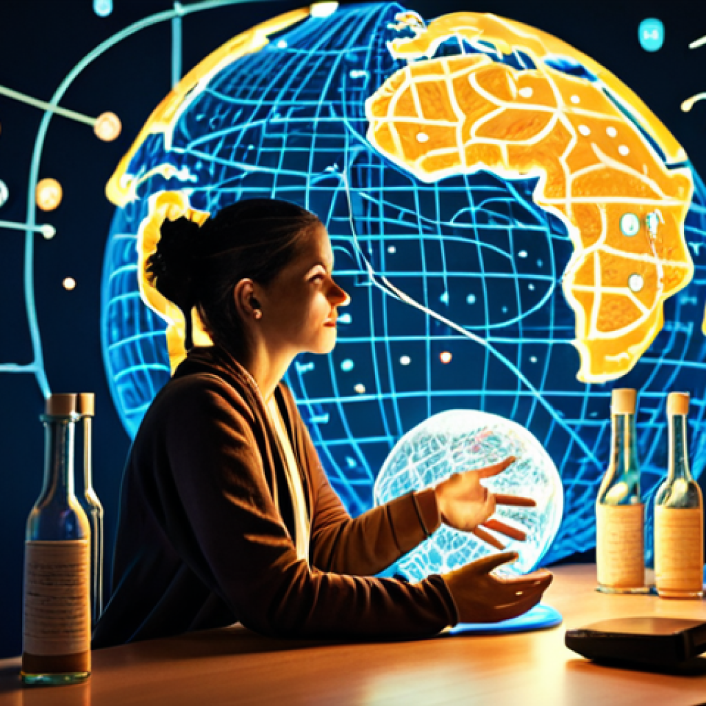 **Prompt:** A Portuguese storyteller sits at a desk, surrounded by glowing digital connections reaching out to a swirling, interconnected globe. Messages in luminous bottles float back towards them, symbolizing global feedback and collaborative opportunities. The scene conveys a sense of wonder, with intricate lines of light weaving between continents, highlighting the magic of online connection and shared narratives from a comfortable home setting.