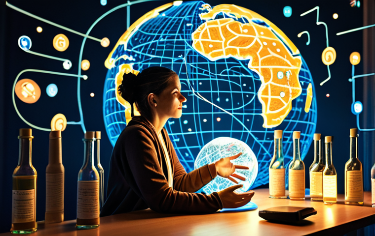 **Prompt:** A Portuguese storyteller sits at a desk, surrounded by glowing digital connections reaching out to a swirling, interconnected globe. Messages in luminous bottles float back towards them, symbolizing global feedback and collaborative opportunities. The scene conveys a sense of wonder, with intricate lines of light weaving between continents, highlighting the magic of online connection and shared narratives from a comfortable home setting.