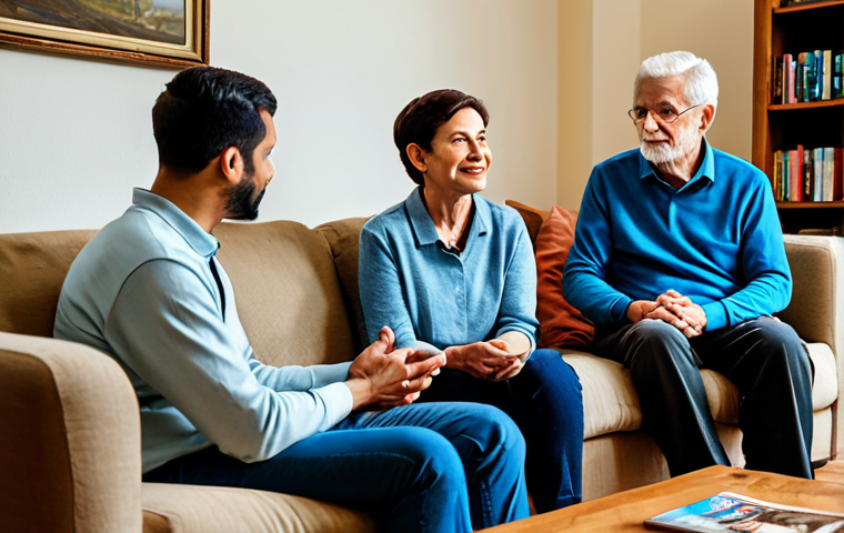 A diverse group of individuals, including an older person and younger listeners, fully clothed in modest and appropriate attire, gathered in a cozy, well-lit living room. They are engaged in attentive listening, with natural poses and expressive faces, reflecting connection and empathy. The background includes a comfortable couch and a bookshelf filled with books, suggesting a rich tradition of stories. Professional photography, high quality, perfect anatomy, correct proportions, well-formed hands, proper finger count, natural body proportions. safe for work, appropriate content, fully clothed, family-friendly.