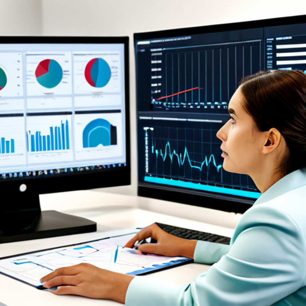 A focused female content strategist, fully clothed, in a modest business suit, seated at a desk in a modern, bright office. A large monitor in front of her displays complex data visualizations, audience psychographics, and analytical charts. She is thoughtfully analyzing the data, gesturing towards the screen with one hand, a pen in the other, conveying deep concentration. perfect anatomy, correct proportions, natural pose, well-formed hands, proper finger count, natural body proportions, professional photography, high quality, safe for work, appropriate content, fully clothed, professional, family-friendly.