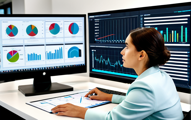 A focused female content strategist, fully clothed, in a modest business suit, seated at a desk in a modern, bright office. A large monitor in front of her displays complex data visualizations, audience psychographics, and analytical charts. She is thoughtfully analyzing the data, gesturing towards the screen with one hand, a pen in the other, conveying deep concentration. perfect anatomy, correct proportions, natural pose, well-formed hands, proper finger count, natural body proportions, professional photography, high quality, safe for work, appropriate content, fully clothed, professional, family-friendly.