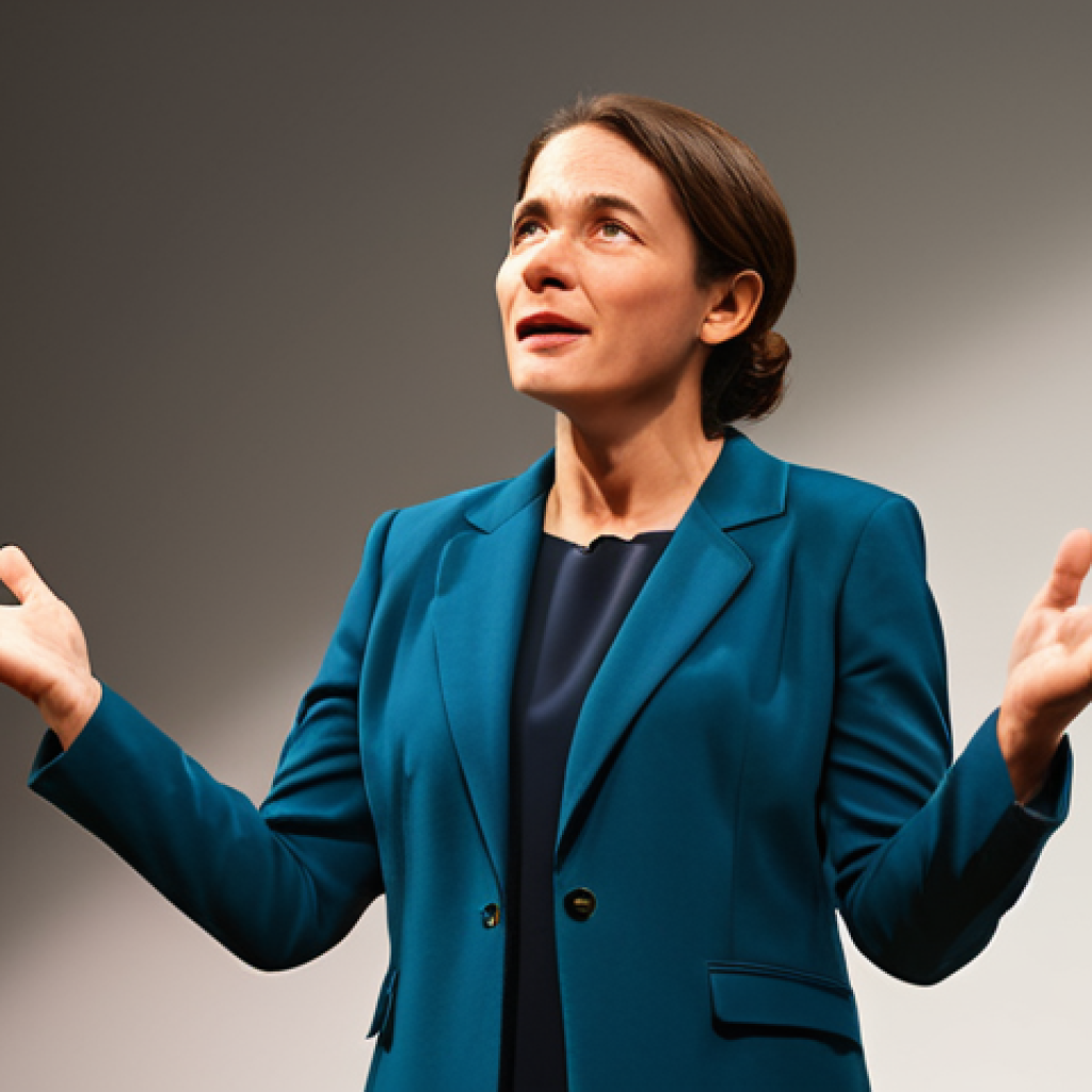 A professional female storyteller, fully clothed in a modest and appropriate business dress, stands confidently on a modern stage with warm, focused lighting. Her expression is engaging and empathetic, conveying emotional connection as she gestures naturally towards a softly blurred audience. She embodies authenticity and professionalism. Perfect anatomy, correct proportions, natural pose, well-formed hands, proper finger count, natural body proportions, safe for work, appropriate content, family-friendly, professional photography, high quality.