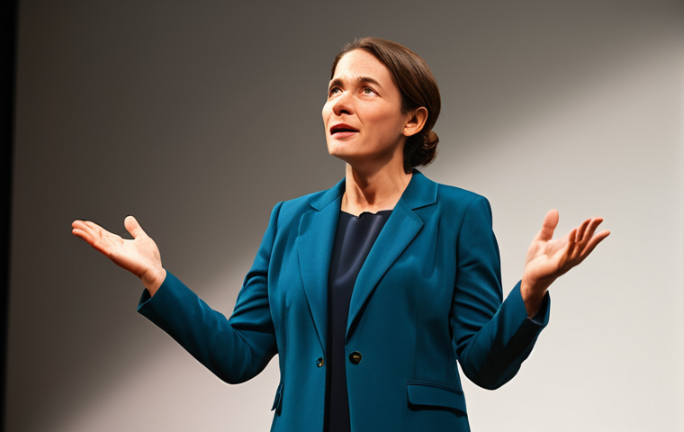 A professional female storyteller, fully clothed in a modest and appropriate business dress, stands confidently on a modern stage with warm, focused lighting. Her expression is engaging and empathetic, conveying emotional connection as she gestures naturally towards a softly blurred audience. She embodies authenticity and professionalism. Perfect anatomy, correct proportions, natural pose, well-formed hands, proper finger count, natural body proportions, safe for work, appropriate content, family-friendly, professional photography, high quality.