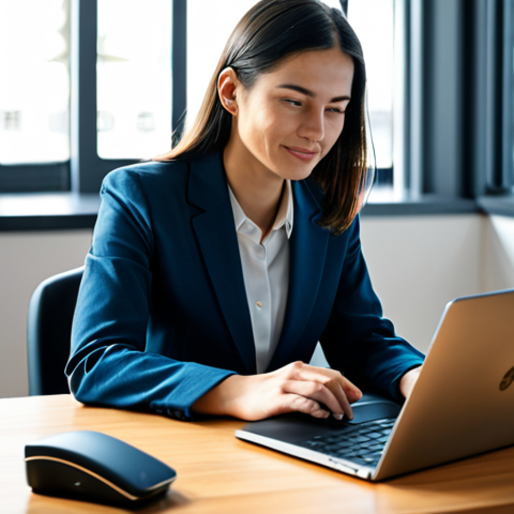 A professional female digital storyteller, fully clothed in a modest business casual suit, is seated at a sleek desk in a sunlit, modern office. She is actively engaged with a laptop, which displays creative multimedia content and analytics. A high-quality microphone and camera are visible on the desk, indicating content creation. The background is a softly blurred contemporary workspace, evoking a sense of calm productivity. The image highlights focus and the digital revolution of narrative.