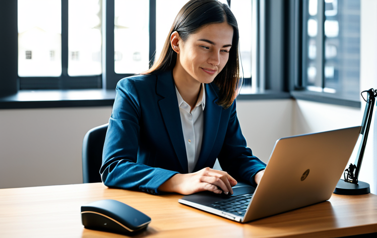 A professional female digital storyteller, fully clothed in a modest business casual suit, is seated at a sleek desk in a sunlit, modern office. She is actively engaged with a laptop, which displays creative multimedia content and analytics. A high-quality microphone and camera are visible on the desk, indicating content creation. The background is a softly blurred contemporary workspace, evoking a sense of calm productivity. The image highlights focus and the digital revolution of narrative.