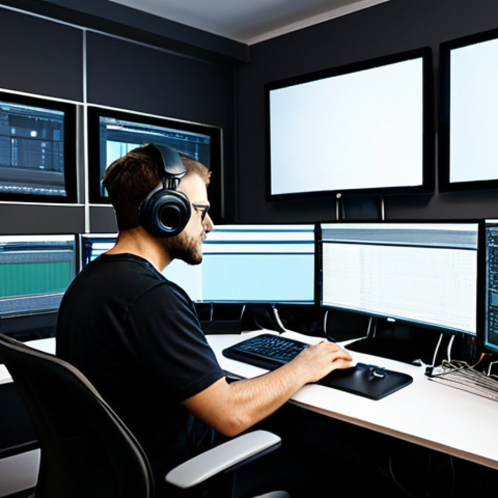 Video Editing Professional**

"A fully clothed video editor working diligently at a modern workstation, multiple monitors displaying editing software, headphones on, surrounded by creative tools and equipment in a professional studio environment, appropriate attire, safe for work, perfect anatomy, natural proportions, professional photography, high quality."

**