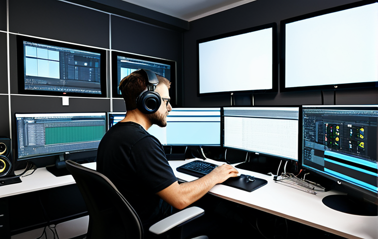 Video Editing Professional**

"A fully clothed video editor working diligently at a modern workstation, multiple monitors displaying editing software, headphones on, surrounded by creative tools and equipment in a professional studio environment, appropriate attire, safe for work, perfect anatomy, natural proportions, professional photography, high quality."

**