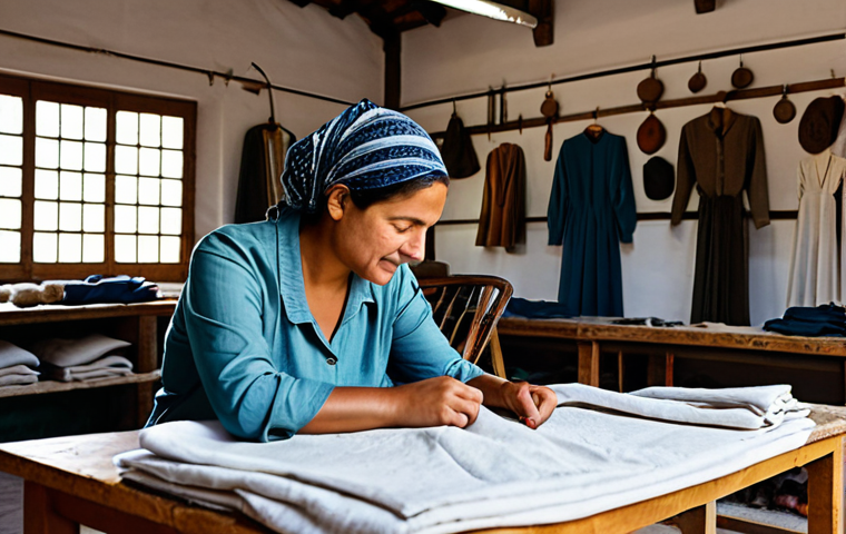 "Alma de Praia" Artisan Workshop**

Prompt:  A bright, naturally lit workshop interior.  Focus on a seamstress, fully clothed in modest, comfortable clothing, carefully working on a garment.  Natural fabrics and sewing tools are visible.  In the background, other artisans are working.  Overall tone is warm, inviting, and showcases the handcrafted nature of the clothing.  Emphasis on ethical production.  safe for work, appropriate content, fully clothed, professional, modest, perfect anatomy, natural proportions, high quality, well-formed hands, proper finger count.

**