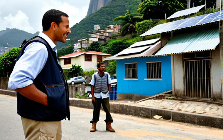 **

"A photojournalist in Rio de Janeiro, fully clothed in practical attire (khaki pants, sturdy boots, a vest with pockets), interviewing a community leader about a local environmental project. The background shows vibrant favela houses with solar panels. Focus on capturing the determination and hope in their faces. Perfect anatomy, correct proportions, natural pose, professional photography, documentary style, safe for work, appropriate content, modest, family-friendly."

**