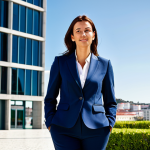 Modern Businesswoman**

"A professional businesswoman in a tailored dark blue suit, standing confidently in front of a modern office building in Lisbon, Portugal. She is fully clothed in appropriate business attire. The scene is bright and sunny. The image should have perfect anatomy, natural proportions, and well-formed hands. Safe for work, appropriate content, professional, family-friendly."

**