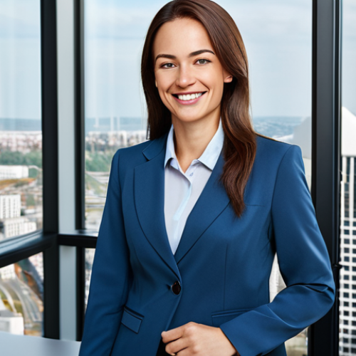 Corporate Success**

"A professional businesswoman in a modest business suit, smiling confidently in a bright, modern office. She is standing near a window with a cityscape view. Fully clothed, appropriate attire, safe for work, perfect anatomy, natural pose, professional photography, high quality."

**