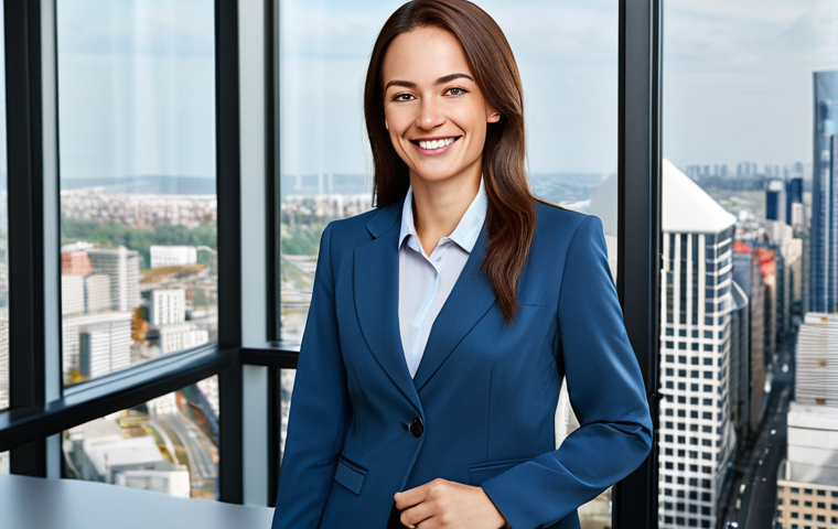 Corporate Success**

"A professional businesswoman in a modest business suit, smiling confidently in a bright, modern office. She is standing near a window with a cityscape view. Fully clothed, appropriate attire, safe for work, perfect anatomy, natural pose, professional photography, high quality."

**