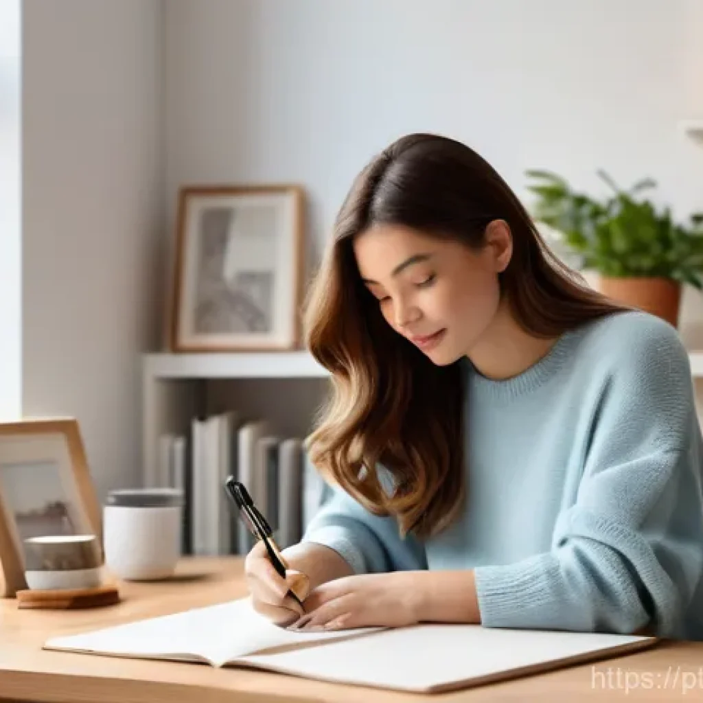 스토리텔러가 활용하는 스토리보드 툴 - A young female graphic designer, around 28 years old, with shoulder-length wavy brown hair, is comfo...