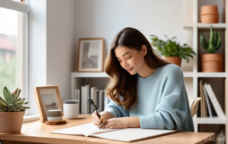 스토리텔러가 활용하는 스토리보드 툴 - A young female graphic designer, around 28 years old, with shoulder-length wavy brown hair, is comfo...