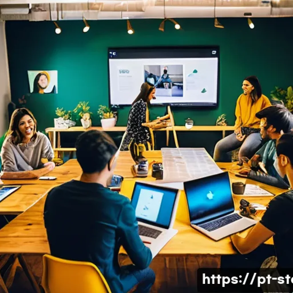스토리텔러 커뮤니티 참여의 장점 - A vibrant creative workshop scene set in a modern co-working space in São Paulo, Brazil, featuring a...