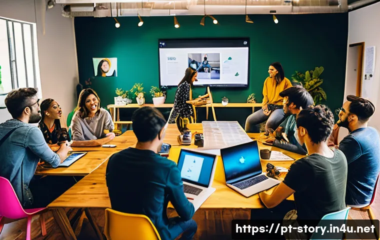 스토리텔러 커뮤니티 참여의 장점 - A vibrant creative workshop scene set in a modern co-working space in S&atilde;o Paulo, Brazil, featuring a...