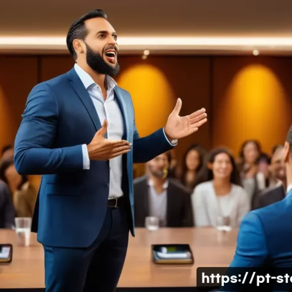 스토리텔러 실무 교육 과정 - A professional speaker on stage delivering an engaging storytelling presentation to a diverse Brazil...