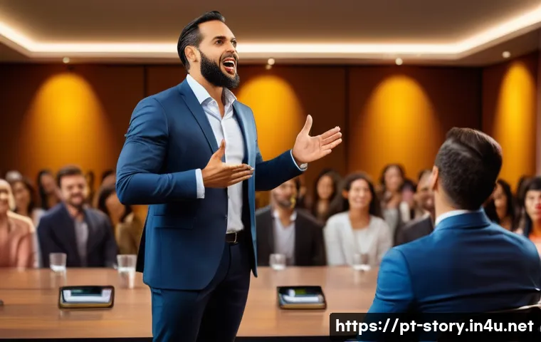 스토리텔러 실무 교육 과정 - A professional speaker on stage delivering an engaging storytelling presentation to a diverse Brazil...