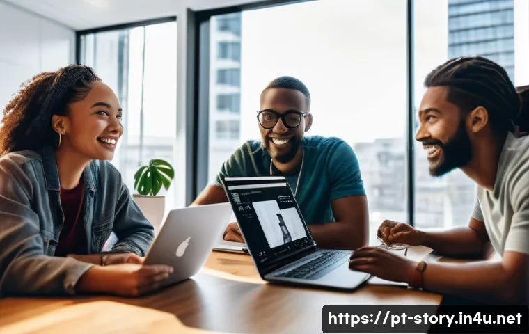 스토리텔러 직업과 관련된 키워드 분석 - A diverse group of digital content creators collaborating in a modern, stylish co-working space fill...