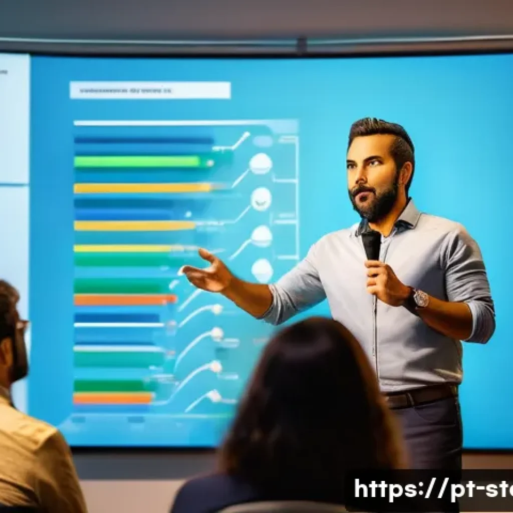 스토리텔러 자격증의 학습 자료 추천 - A Brazilian professional storyteller presenting on stage in a modern conference room, dressed in sma...