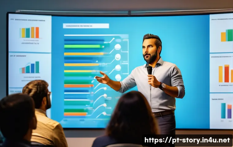 스토리텔러 자격증의 학습 자료 추천 - A Brazilian professional storyteller presenting on stage in a modern conference room, dressed in sma...