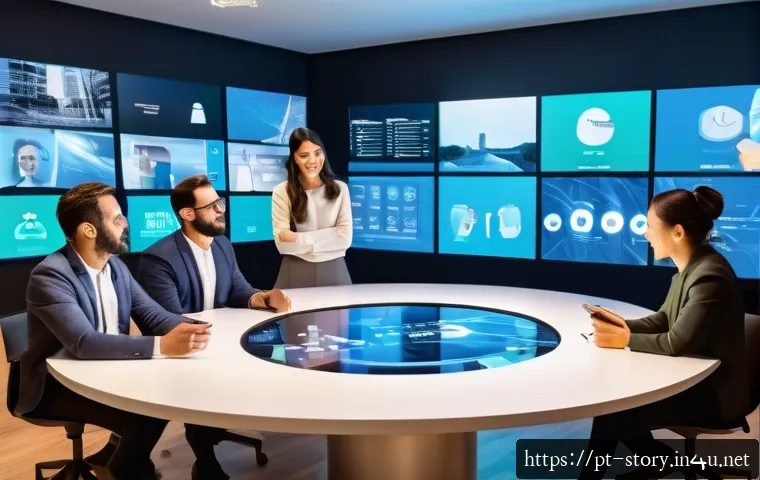 스토리텔러가 참여한 주요 프로젝트 리뷰 - A vibrant digital marketing workspace featuring a diverse team of professionals collaborating intens...