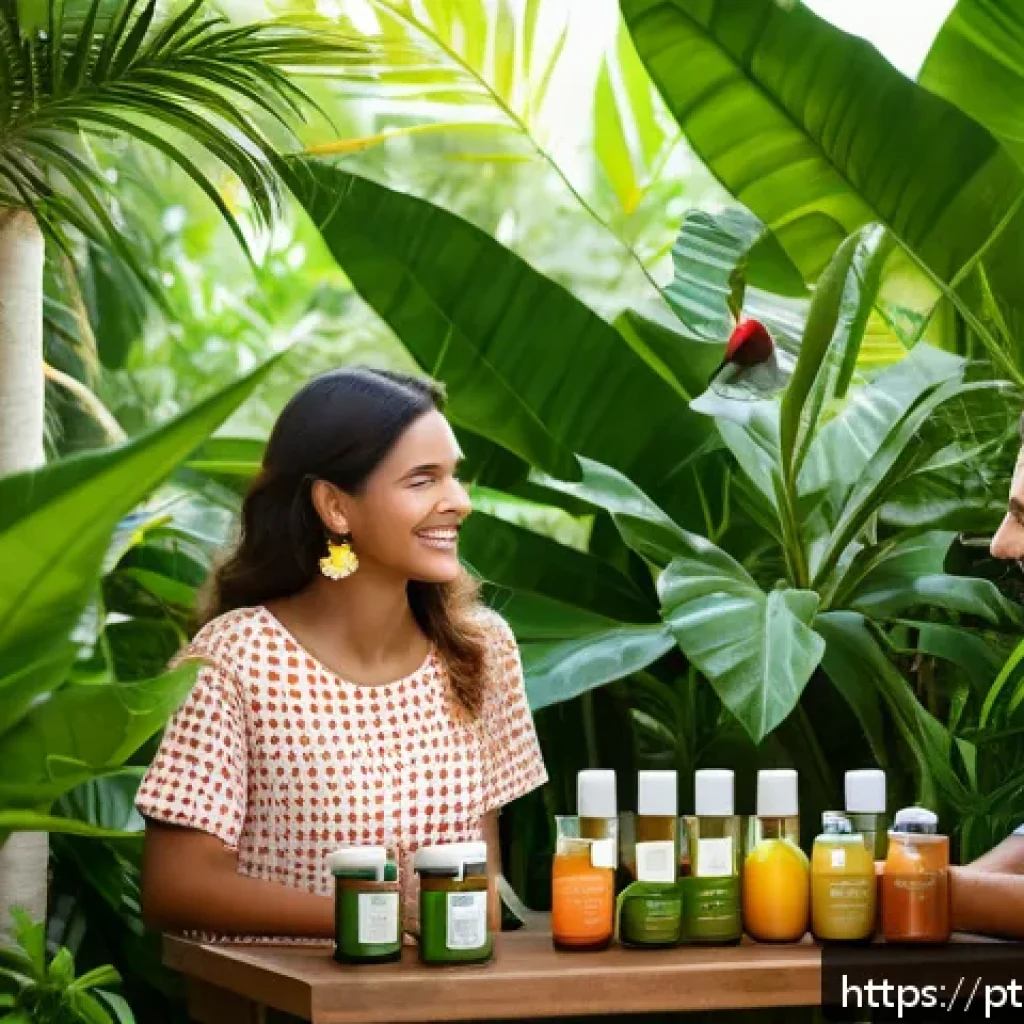 스토리텔러가 해결한 고객 성공 사례 - A warm and inviting scene showing a Brazilian natural cosmetics brand&rsquo;s local producers in a lush tr...