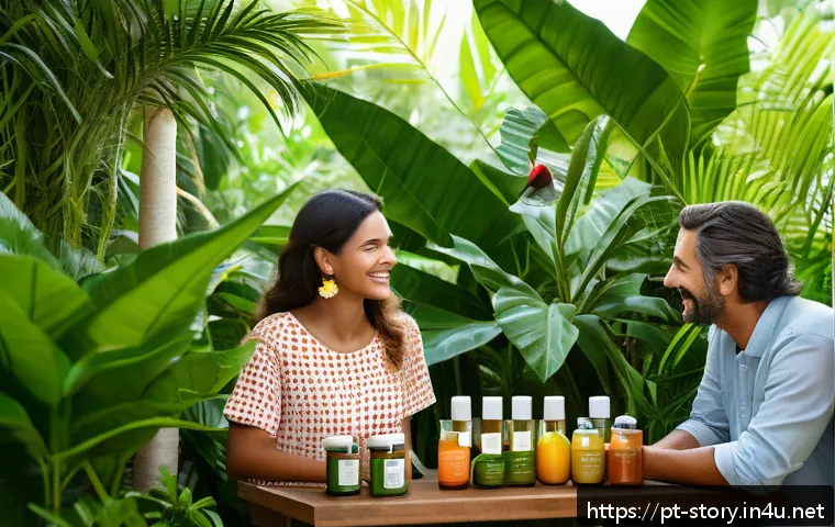 스토리텔러가 해결한 고객 성공 사례 - A warm and inviting scene showing a Brazilian natural cosmetics brand&rsquo;s local producers in a lush tr...