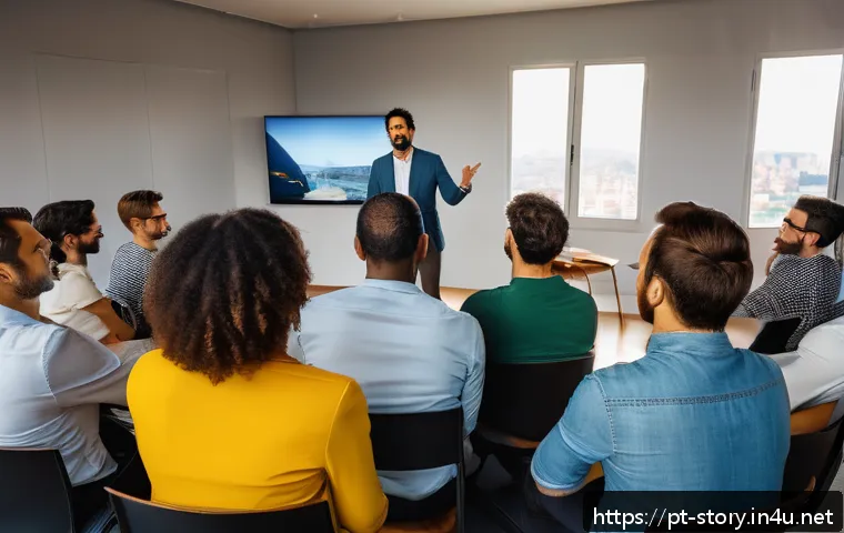 스토리텔러 자격증과 관련된 준비 과정과 전략 - A professional storyteller in a modern Brazilian coworking space, confidently presenting a captivati...