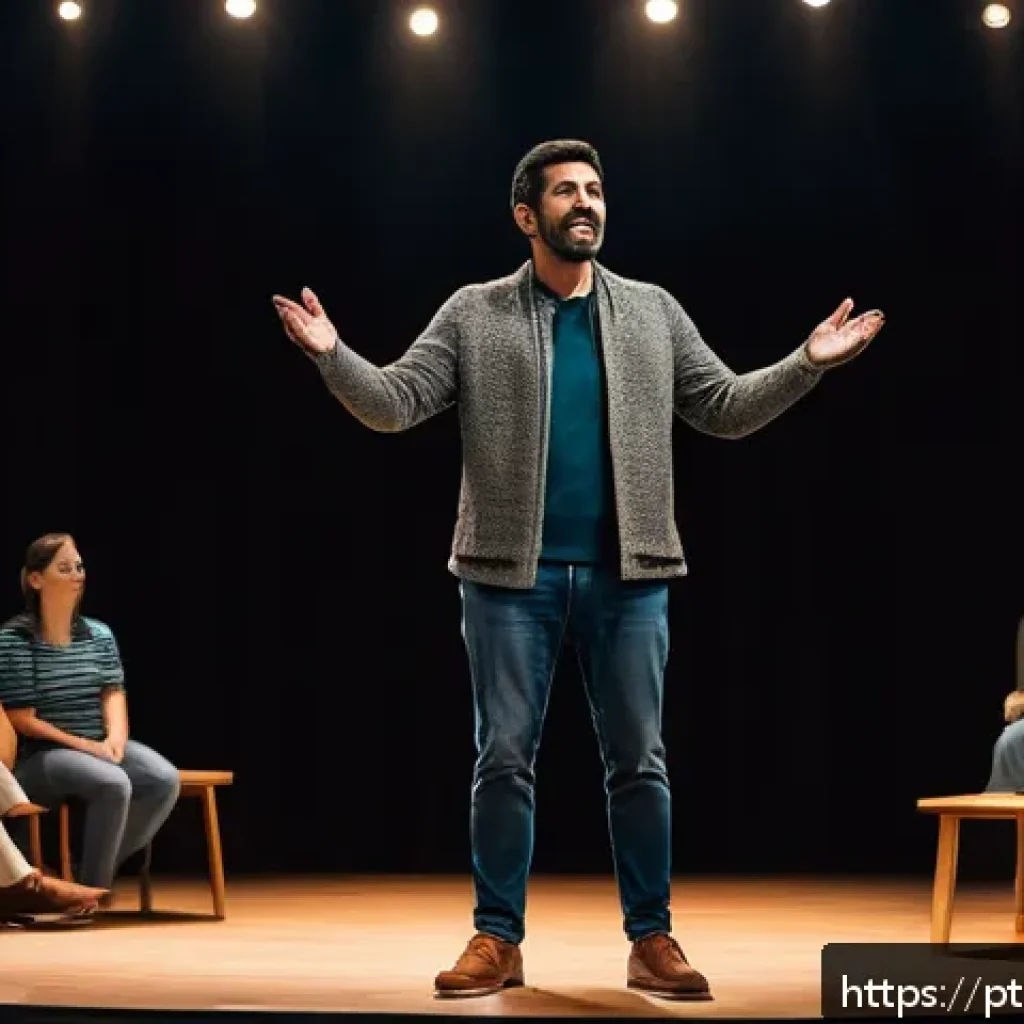 스토리텔러 자격증 실기 시험 체크리스트 - A professional storyteller standing confidently on a small stage in a cozy, modern auditorium filled...