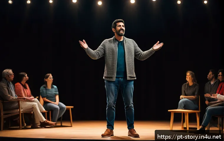 스토리텔러 자격증 실기 시험 체크리스트 - A professional storyteller standing confidently on a small stage in a cozy, modern auditorium filled...