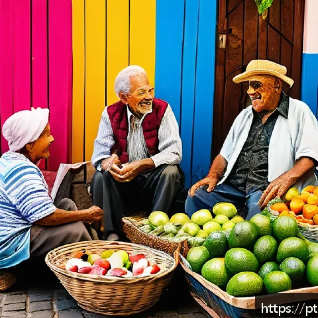 스토리텔러와 공공 스토리텔링의 역할 - A vibrant Brazilian street market scene in a historic neighborhood, filled with diverse local vendor...