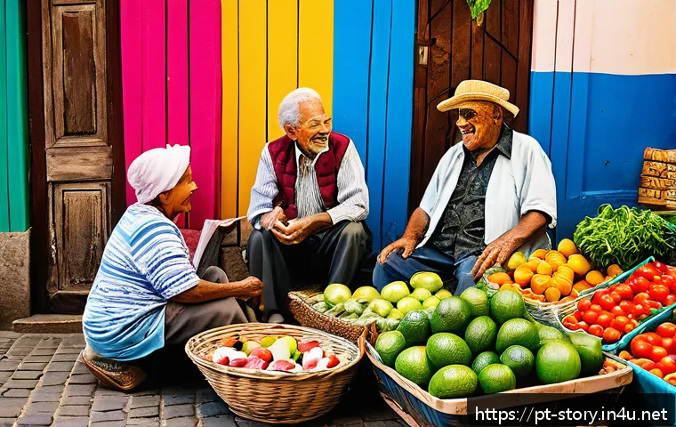 스토리텔러와 공공 스토리텔링의 역할 - A vibrant Brazilian street market scene in a historic neighborhood, filled with diverse local vendor...