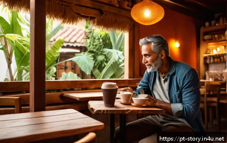스토리텔러가 만드는 스토리의 핵심 요소 - A warm, intimate scene of a storyteller sharing a personal story in a cozy Brazilian café setting, w...