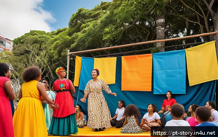 스토리텔러 직업의 사회적 기여 가능성 - A vibrant community storytelling festival in a Brazilian urban neighborhood, featuring diverse group...