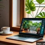 스토리텔러가 주목해야 할 콘텐츠 창작 툴 - A modern digital storyteller workspace in a cozy Brazilian home office, featuring a sleek laptop wit...