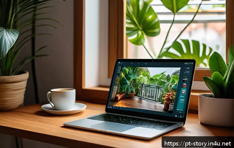 스토리텔러가 주목해야 할 콘텐츠 창작 툴 - A modern digital storyteller workspace in a cozy Brazilian home office, featuring a sleek laptop wit...