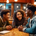스토리텔러 실무에서의 창의적 이야기 제작 사례 - A vibrant, emotionally engaging scene depicting a diverse group of young adults in a cozy urban caf&eacute;...
