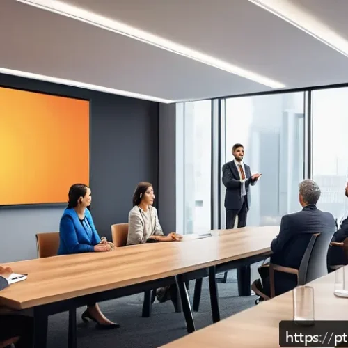 스토리텔러 실무 연수 과정 - A professional presentation scene in a modern Brazilian corporate office, featuring a confident spea...