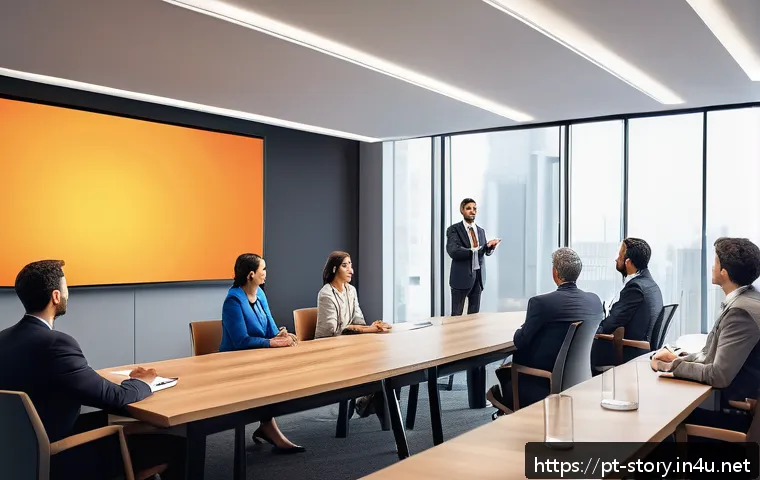 스토리텔러 실무 연수 과정 - A professional presentation scene in a modern Brazilian corporate office, featuring a confident spea...