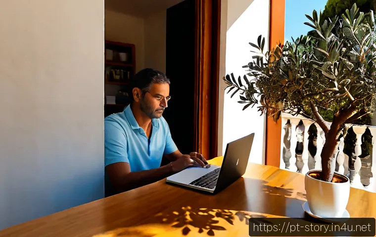스토리텔러의 일과 생활 균형 - Photorealistic lifestyle scene of a Portuguese storyteller working at a sunlit home office in Lisbon...