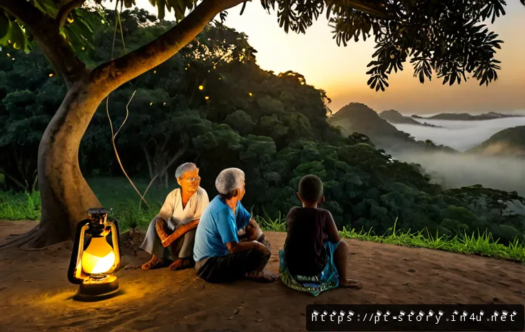 Home 17 스토리텔러와 관련된 문학 장르 - Photorealistic magical realism scene in rural Brazil at golden dusk, an elderly Brazilian storytelle...
